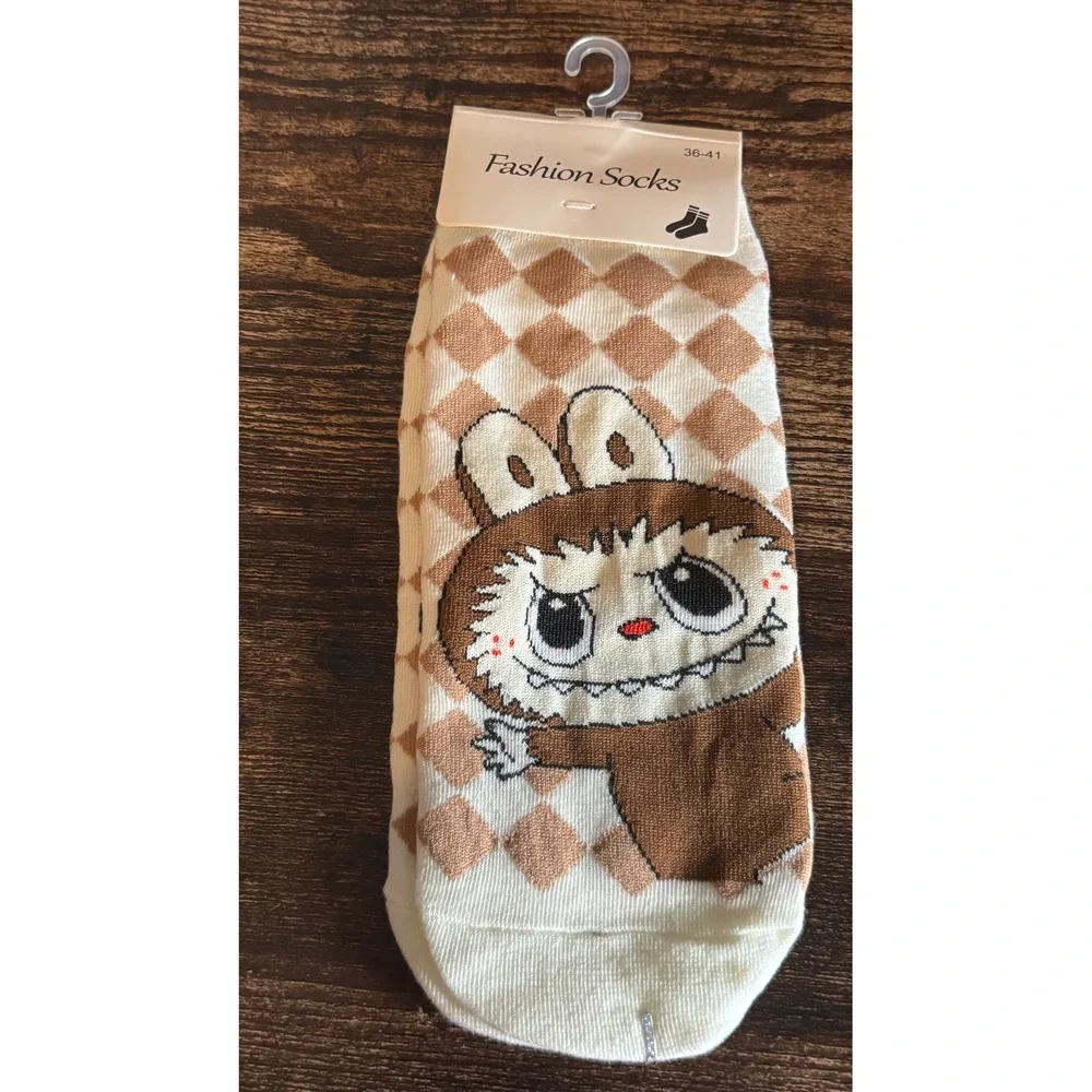 Labubu Character Argyle Ankle Socks Tan Cream Diamond Pattern New
